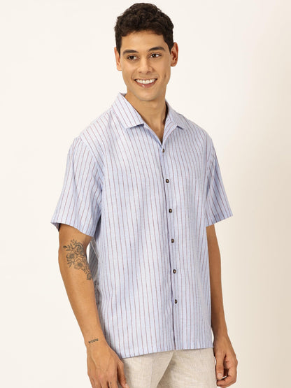 Thomas Scott Premium Linen Blend Half Sleeves Spread Collar Striped Casual Shirt for Mens Light Blue