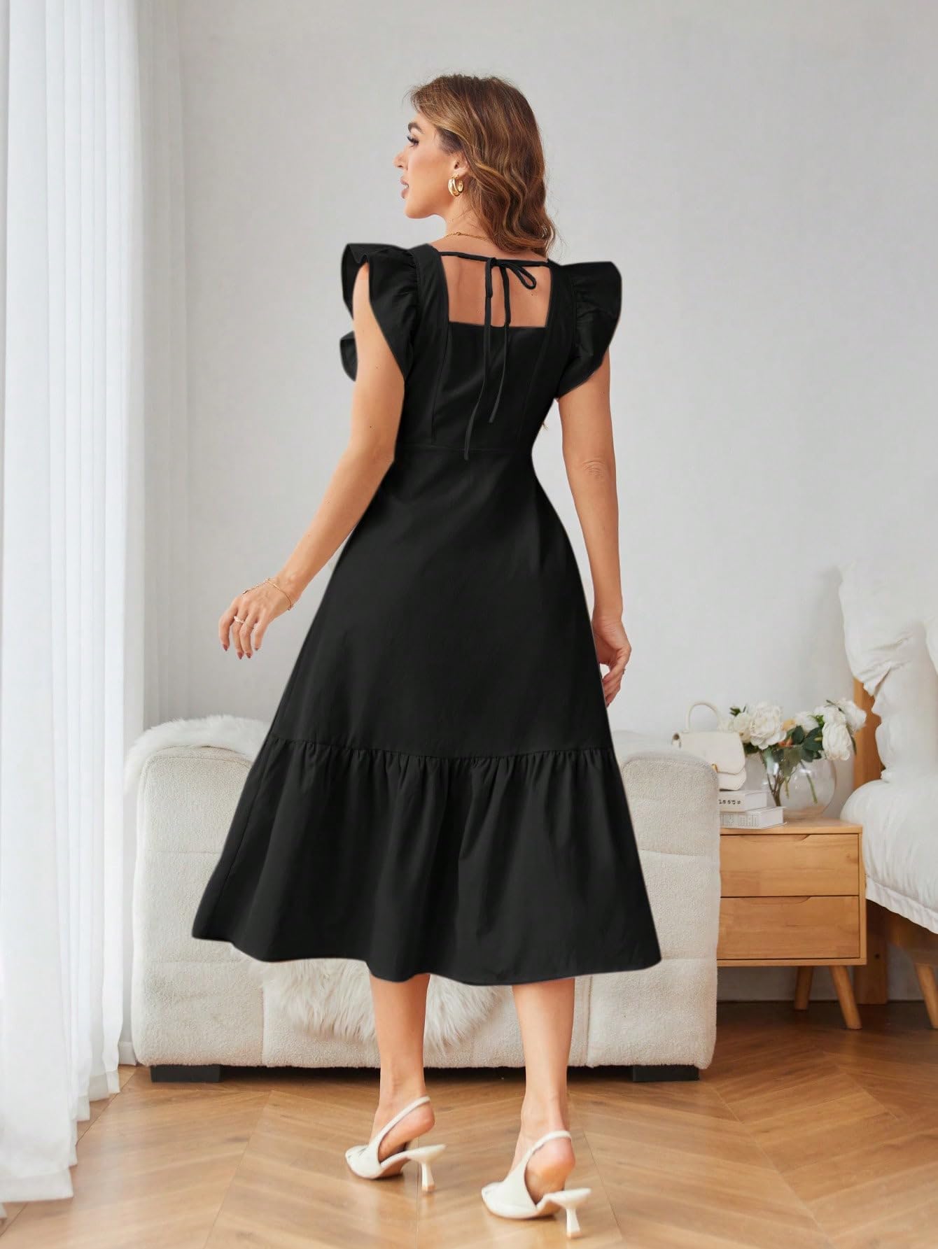 Shasmi GirlS & WomenS Solid Black Color Square Neck, Ruffle-Trimmed Hem Sleeveless, Ruffle Armhole And Casual Dress With Cinch