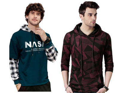 Noble Monk Men Stylish Printed T-Shirt (Pack Of 2) | Full Sleeve | Hooded Neck | Combo Hoodies For Men