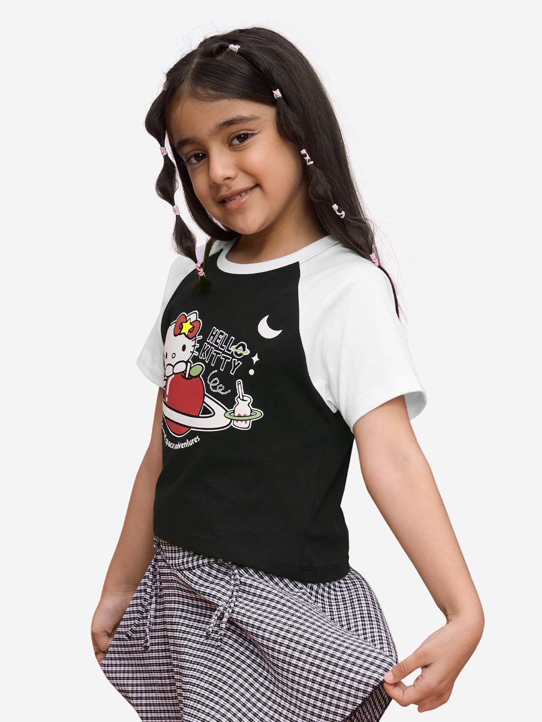 The Souled Store Hello Kitty: Sweet Space Girls Round Neck Short Sleeves Black and White Graphic Printed Cotton T-Shirts (2-8 Yr