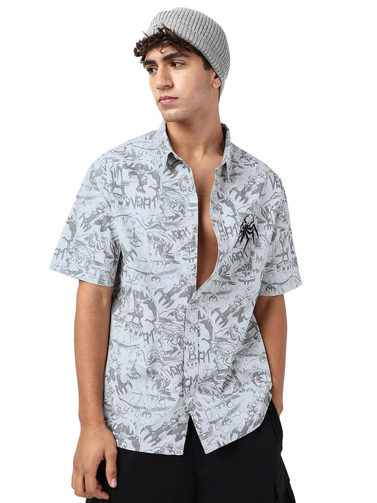 Bewakoof Official Marvel Merchandise Venom Mens All Over Printed Oversized Fit Half Sleeve Collar Poplin Shirt_666753_Grey_XL