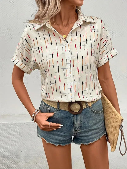 Gufrina WomenS Short Sleeve Button Down Shirt With Abstract Brushstroke Print In Beige And Multicolor - Lightweight Casual Summe