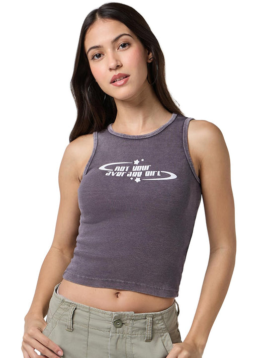 Bewakoof Womens Typography Slim Fit Sleeveless Round Neck Lycra Blend Washed Tank Top_676062_Purple_S