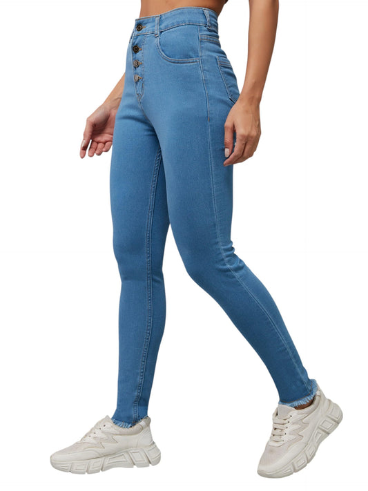 Dolce Crudo Womens Skinny Solid High Rise Cropped Fringed Hemline Detailing Stretchable Denim Jeans (DOAW21DEN52-02-341-28, Dod