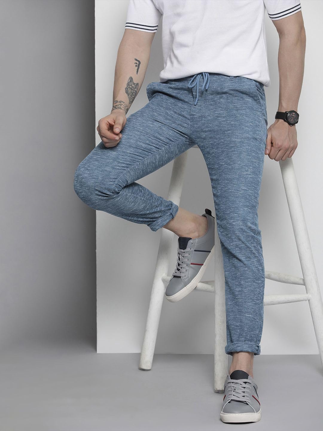 The Indian Garage Co Men Slim Fit Solid Mid-Rise Jogger Trousers Navy