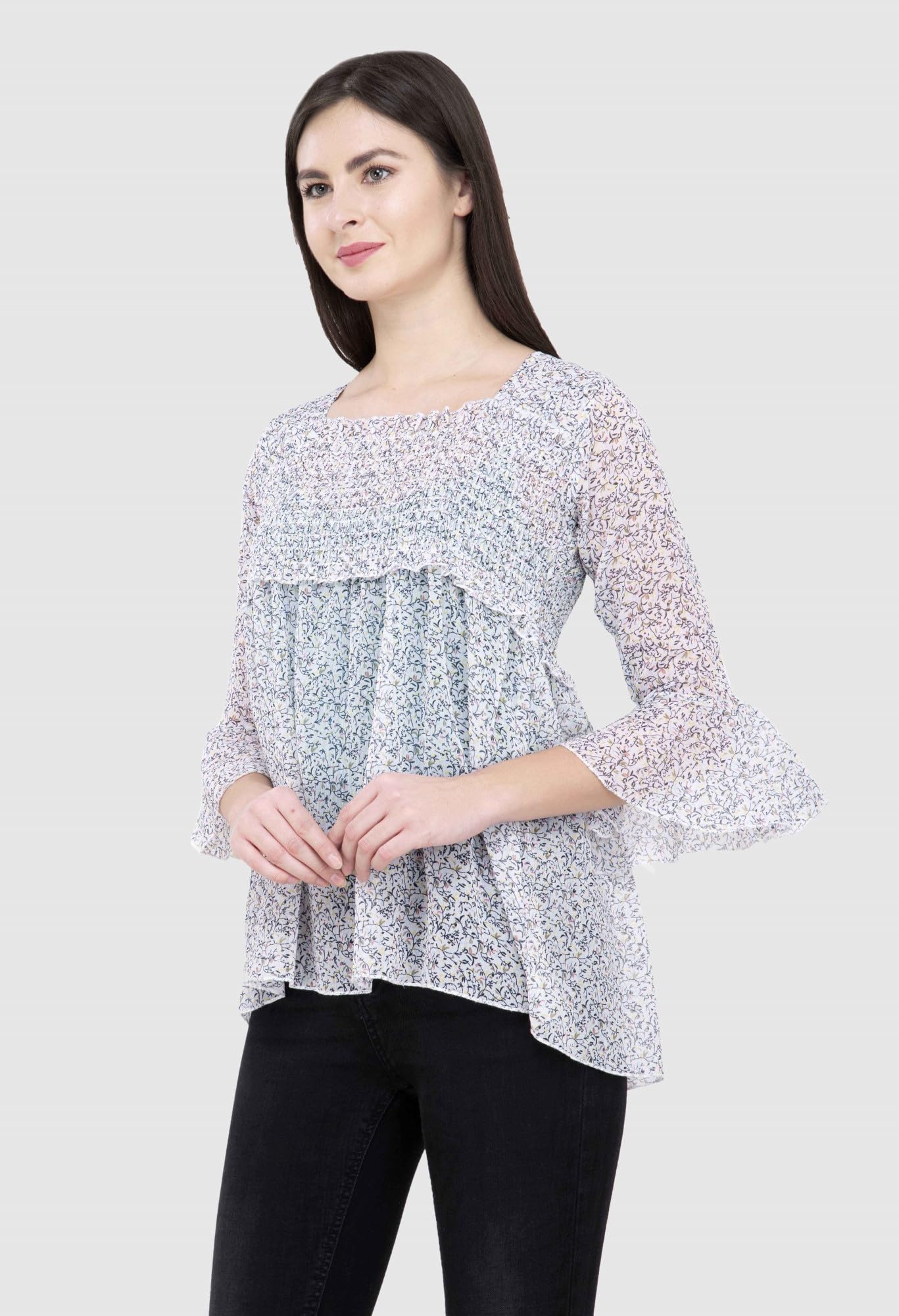 POPWINGS Printed Chiffon Peplum Tops for Women || 3/4th Sleeves Square Neck Women Tops for Summer || Stylish Western Smocking Wo