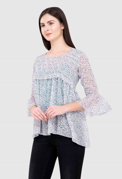 POPWINGS Printed Chiffon Peplum Tops for Women || 3/4th Sleeves Square Neck Women Tops for Summer || Stylish Western Smocking Wo