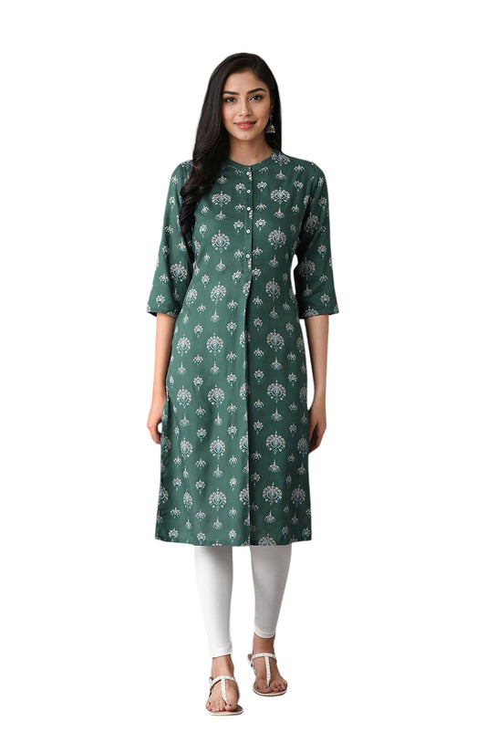 W Green Floral Printed Regular Kurta For Women