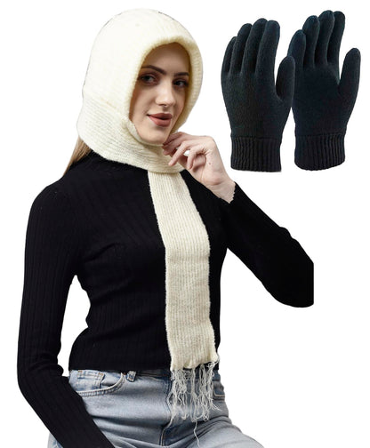 Set of Weavers Villa Snow Proof Inside Fur Acro Wool Unisex Cap with Attached Neck Warmer Muffler Thick Fleece Lined Winter Cap