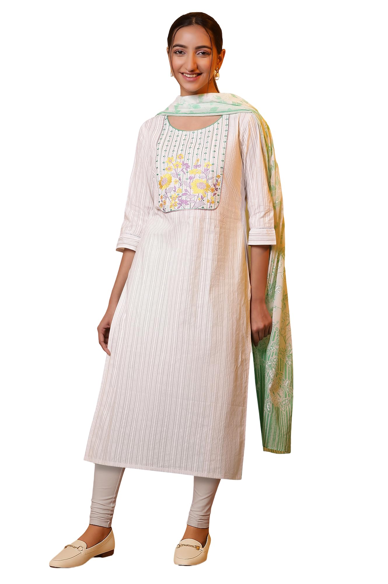 Aurelia Women's White Floral Printed Pure Cotton Straight Kurta with Churidar Set - (ONVAS14780-507903-S)