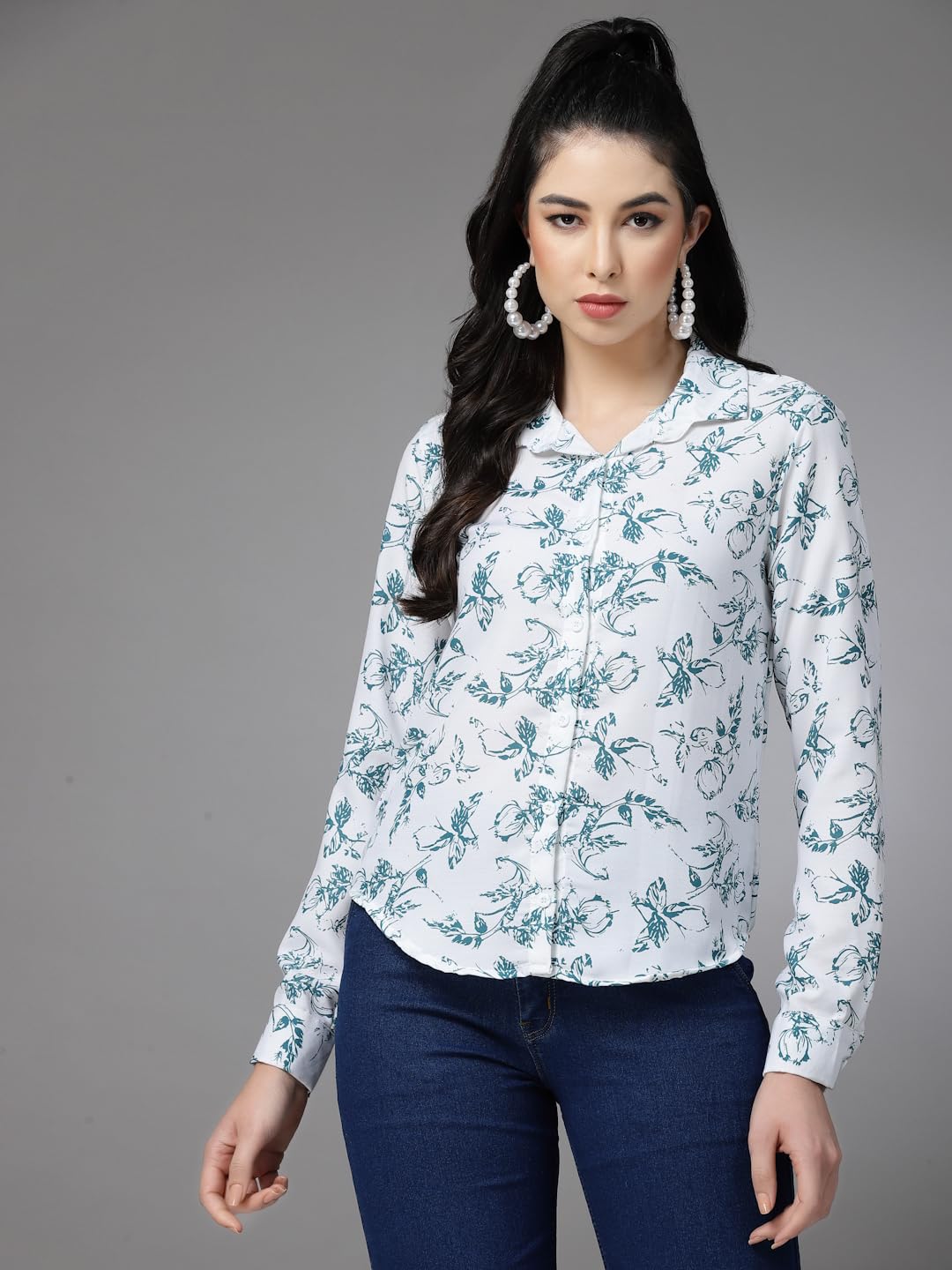OOMPH! Shirts for Women, Floral Printed, White, Blue