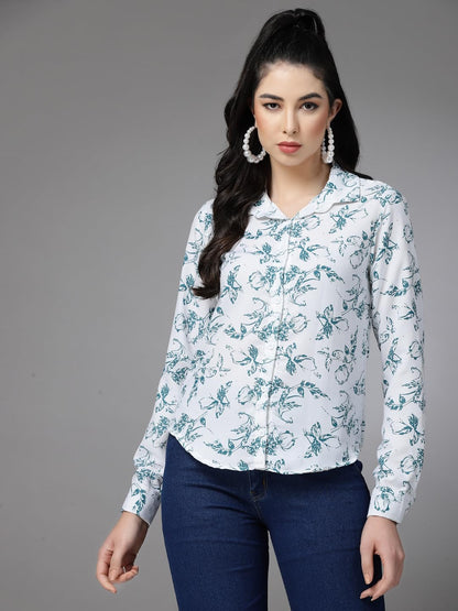 OOMPH! Shirts for Women, Floral Printed, White, Blue
