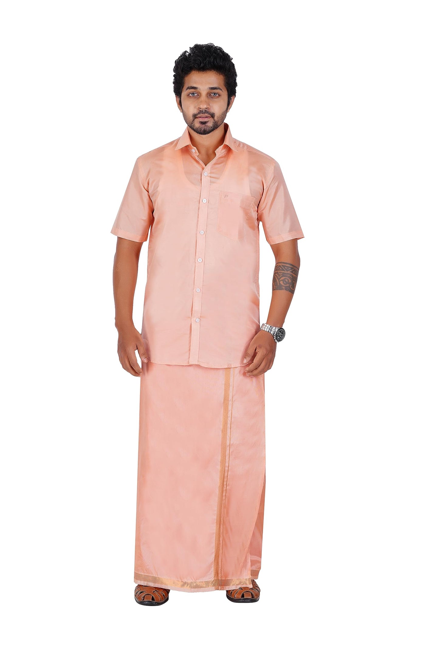 PRAKASAM COTTON-Mens Art Silk Tissue Wedding Set/Art Silk Tissue 8 Mulam (8-Yard) Dhoti and Stitched Half Sleeve Shirt