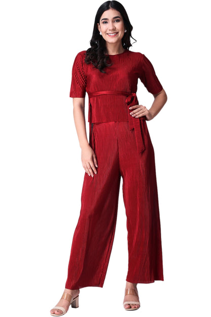 Popwings Casual Women Wrinkle Textured Maroon Co-Ords Set