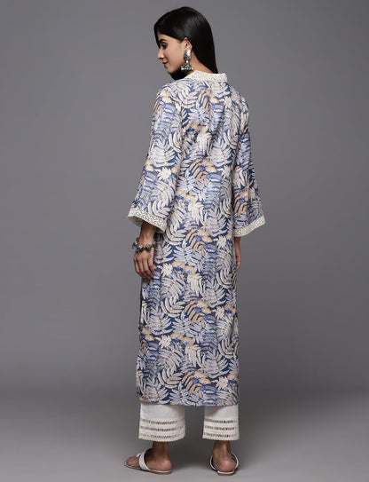 Blue Tropical Printed V-Neck with Cotton Lace, Three Quarter Flared Sleeves Straight Kurta with Side Slits
