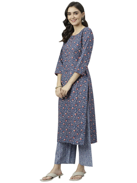 ANNI DESIGNER Women's Cotton Blend Straight Printed Kurta with Palazzo (QWERTY)