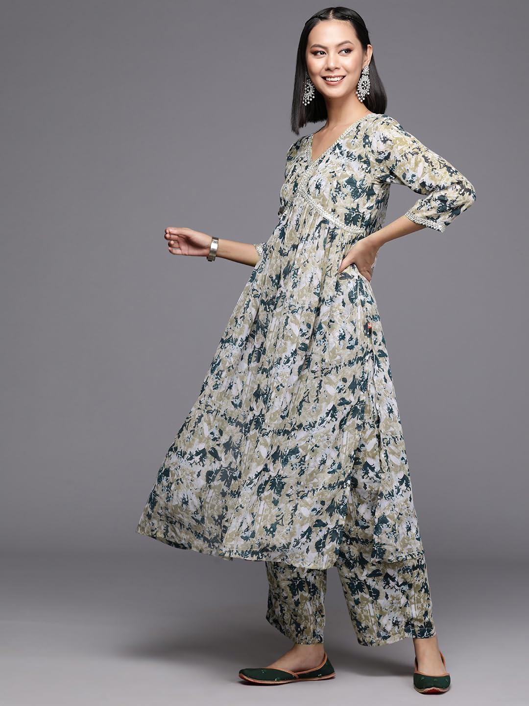Varanga Women Women Beige And Teal Abstract Printed A-Line Kurta Paired With Tonal Bottom And Solid Dupatta