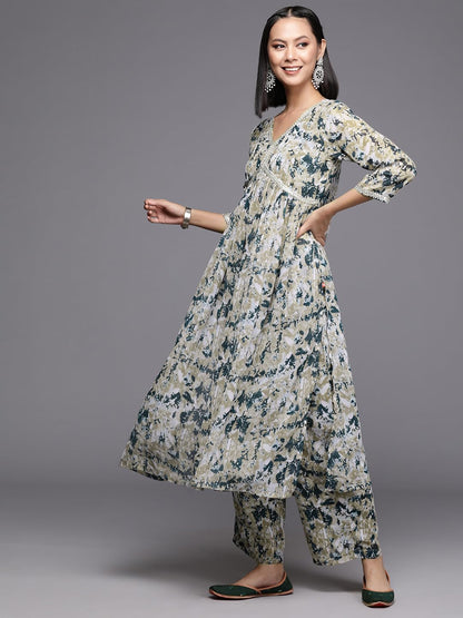 Varanga Women Women Beige And Teal Abstract Printed A-Line Kurta Paired With Tonal Bottom And Solid Dupatta