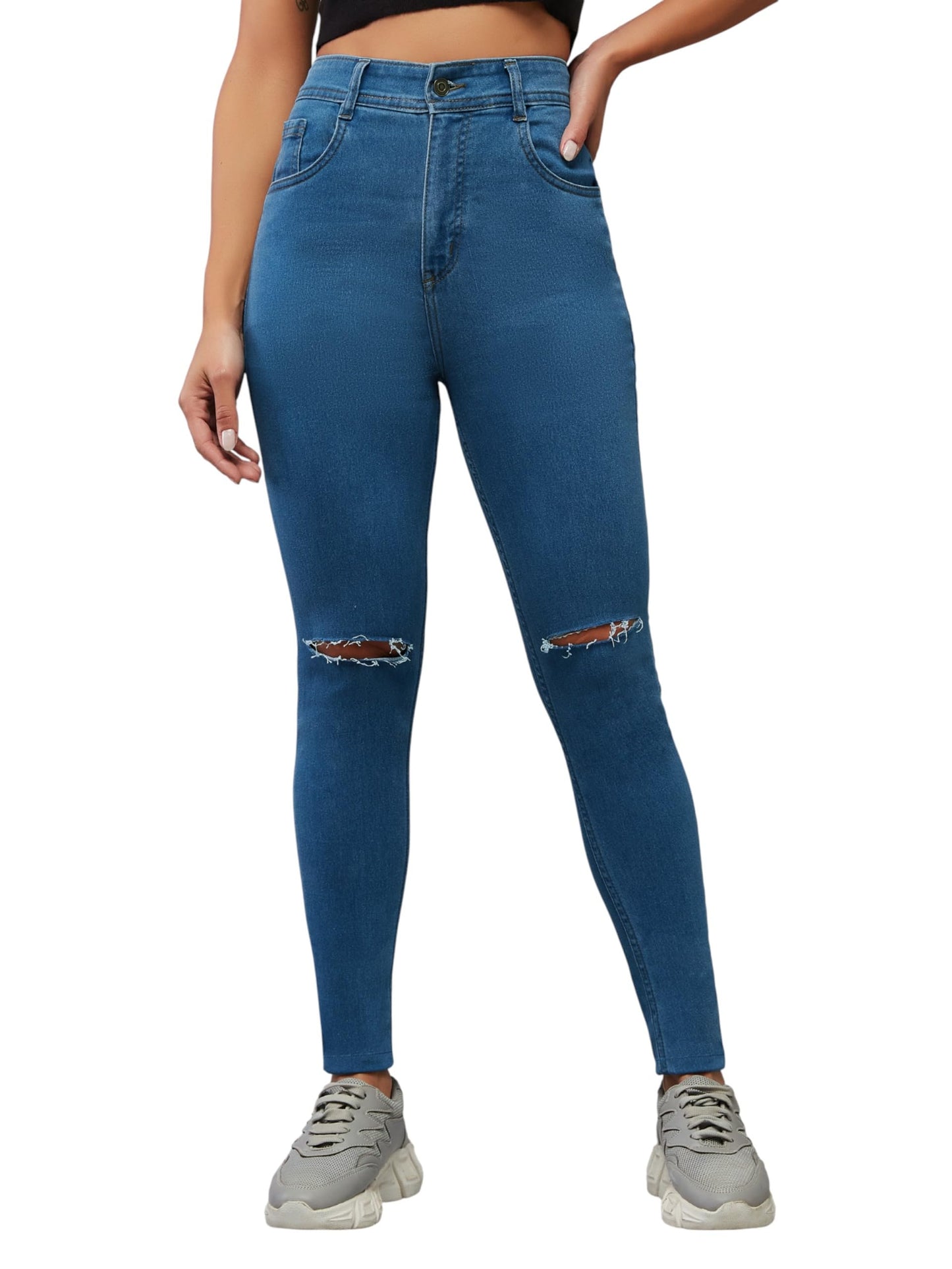 Dolce Crudo Womens Skinny Fit High Rise Mildly Distressed Regular Stretchable Denim Jeans (DOAW23DEN98-53-405-26, Yale Blue, 26