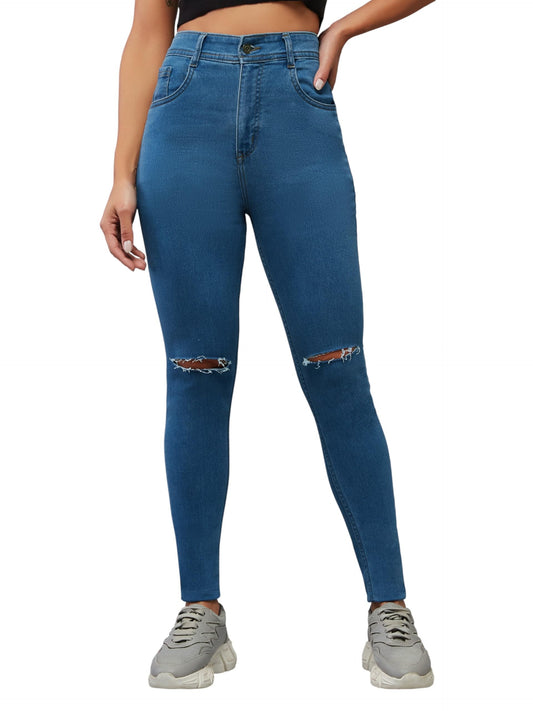 Dolce Crudo Womens Skinny Fit High Rise Mildly Distressed Regular Stretchable Denim Jeans (DOAW23DEN98-53-405-26, Yale Blue, 26