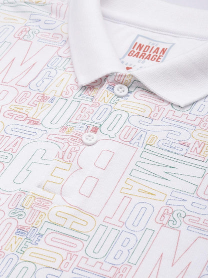 The Indian Garage Co Men Slim Fit Printed Polo Collar Tshirt White