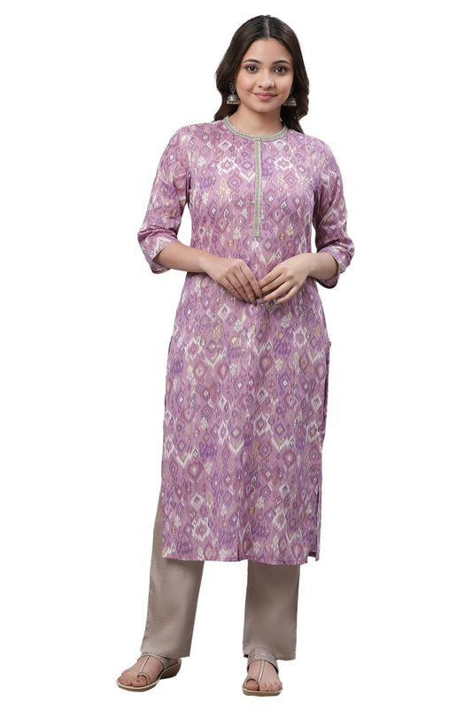 Aurelia WomenS Geometric Printed Printed Straight Long Purple Cotton Kurta