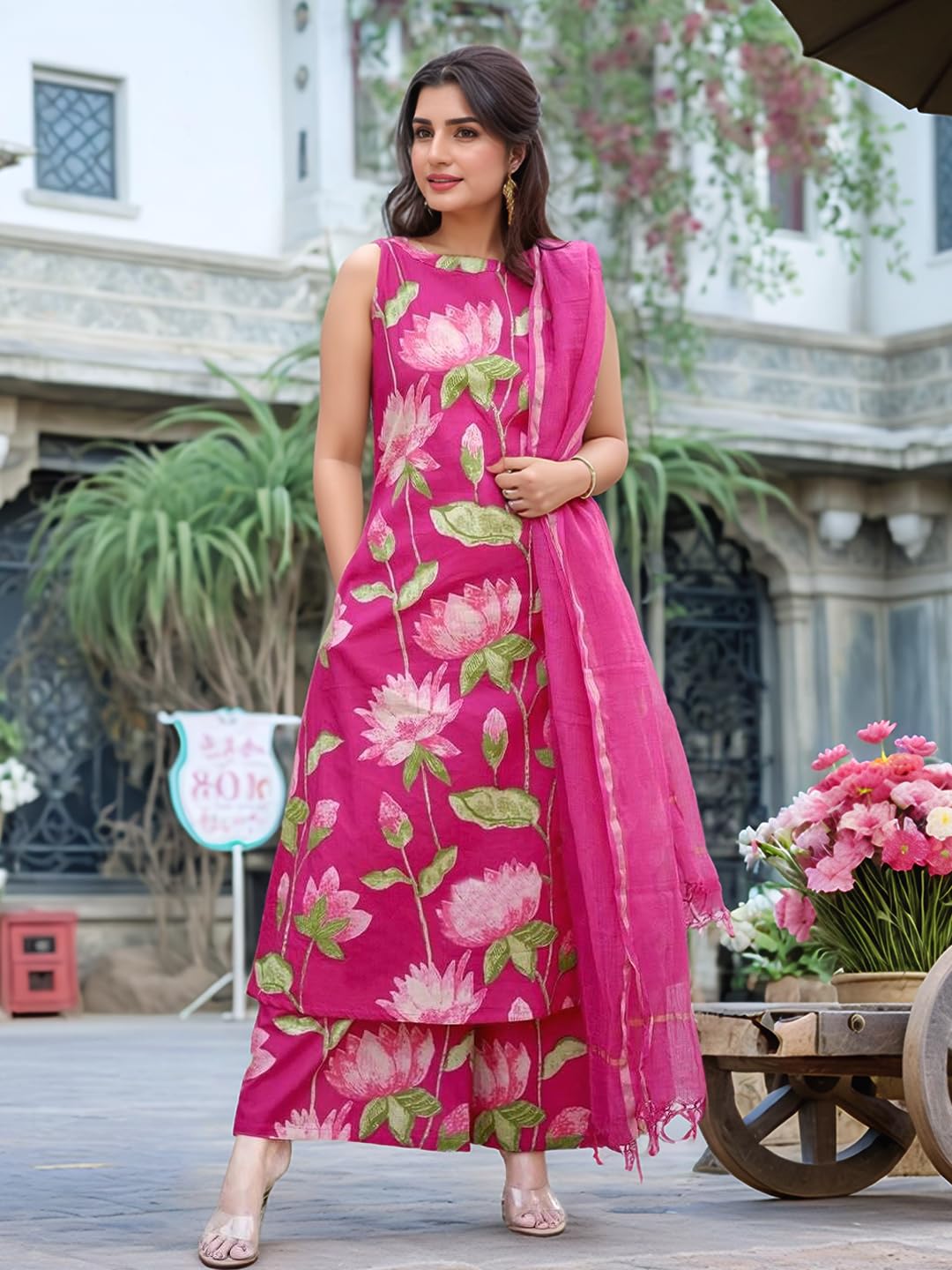 ANNI DESIGNER Women's Rayon Viscose Printed A-Line Kurta with Palazzo & Dupatta