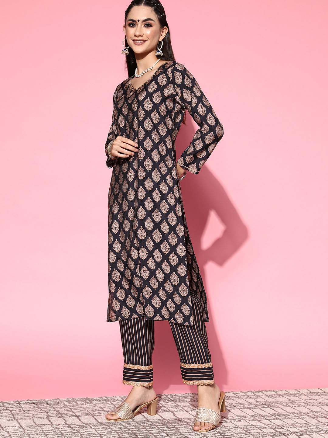 Libas WomenS Silk Blend Kurta Set (34027O_Navy Blue