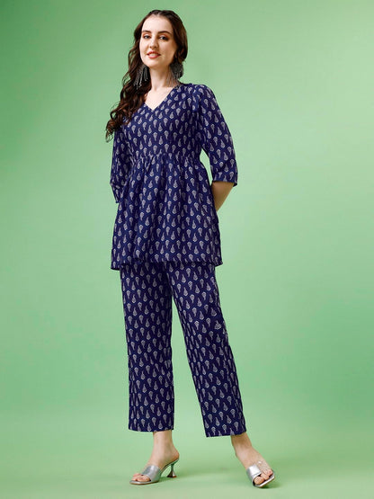 Yashika Women's Cotton Blend Short Length Printed Kurta Palaazo Set||AZ-YS-P1-KS2076-M Navy Blue