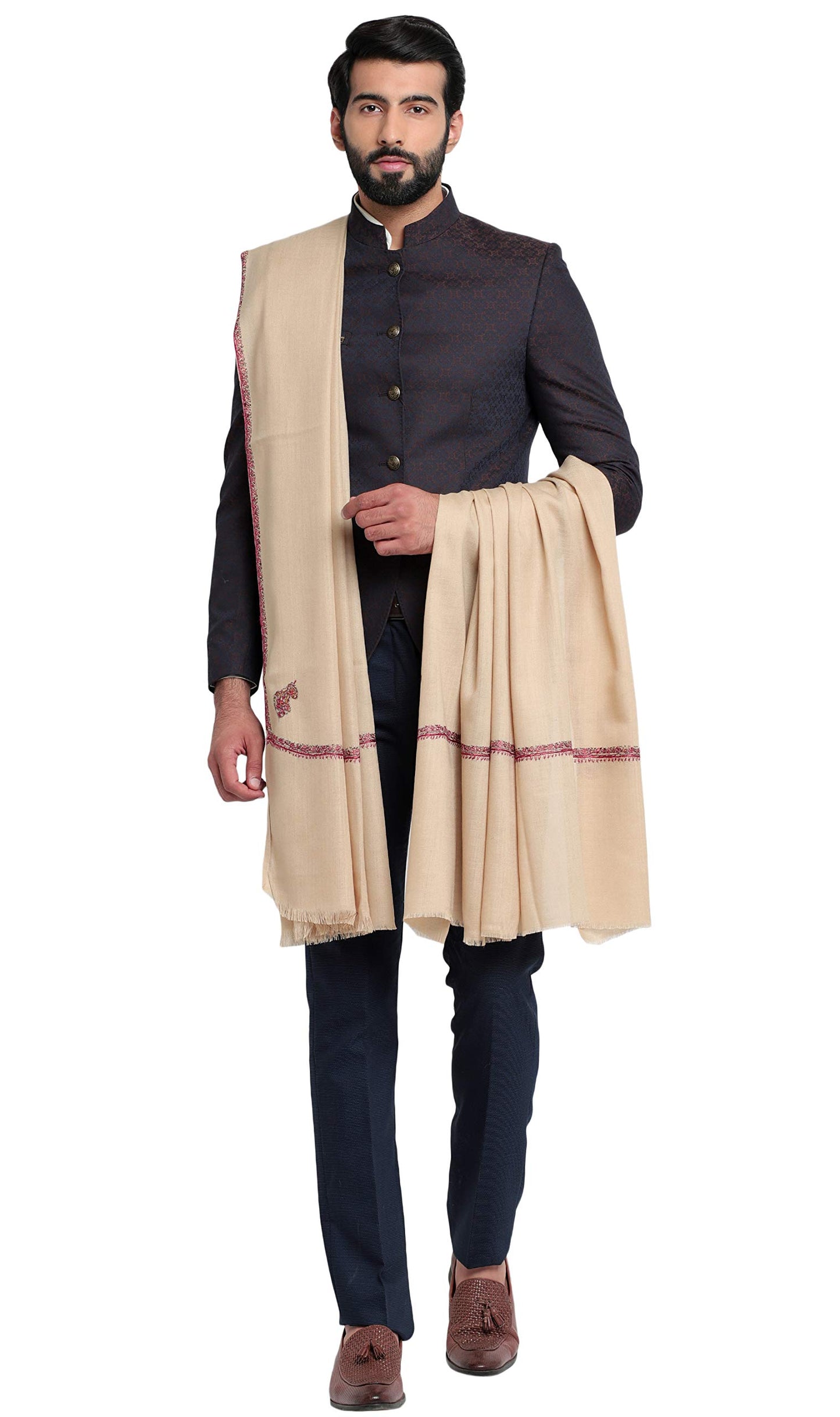 Weavers Villa MenS Embroided Border Kunj Pure Wool Lohi/Woollen Shawl, 125Cm X 250Cm