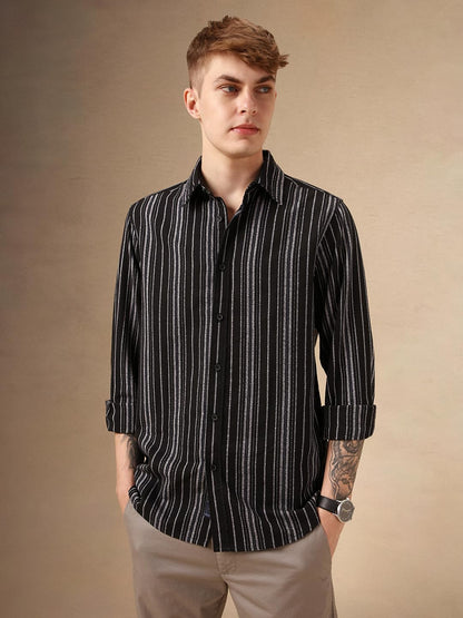 Dennis Lingo Men Black 100% Cotton Full Sleeve Spread Collar Stripes Shirts
