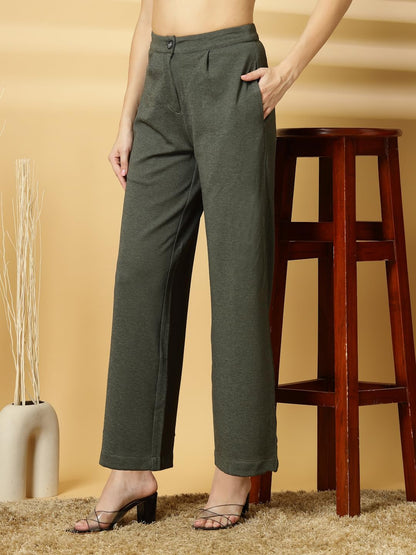 Womens Wide Leg Pants | Solid Green Stretchable Polyester Trousers | Stylish Korean Clothing | Flared, Straight Fit, Baggy, and