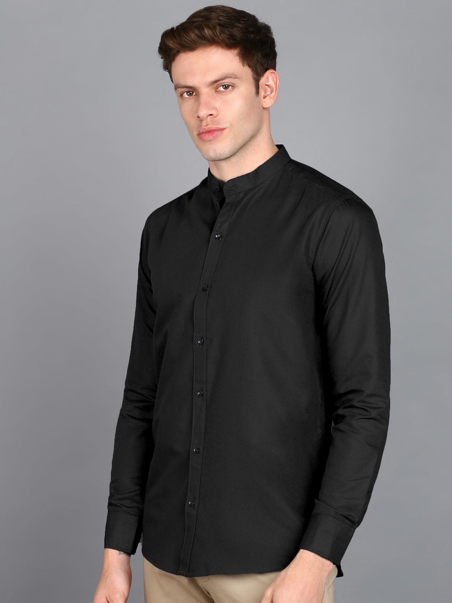 Mildin MenS Regular Cotton Blend Black Slim Fit Solid Button Down Mandarin Chinese Collar Full Sleeve Curved Hemline Casual Shi