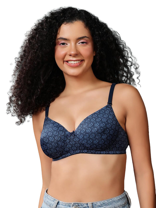 Clovia Womens Padded Non-Wired Full Coverage Floral Print Multiway T-Shirt Bra (BR5935A08_Navy Blue_38C)