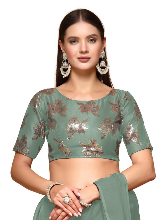 Oomph! WomenS Indian Ethnic Wear Designer Floral Pattern Zari Work Boat Neck Half Sleeve Pista Green Color Brocade Readymade Bl