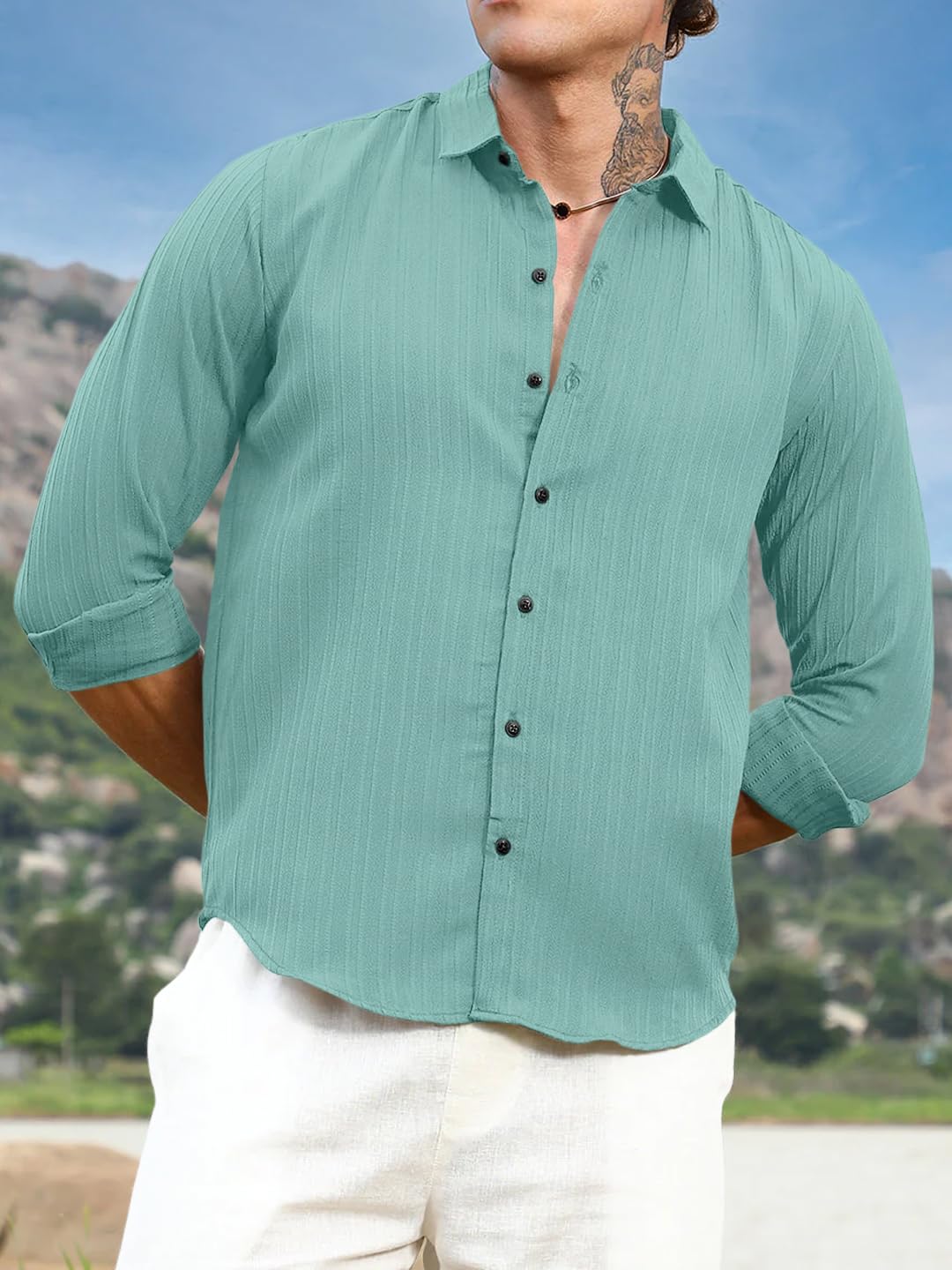 Finivo Fashion MenS Striped Cotton Casual Button Down Shirts Long Sleeve Textured Summer Beach Shirt For Men Turquoise