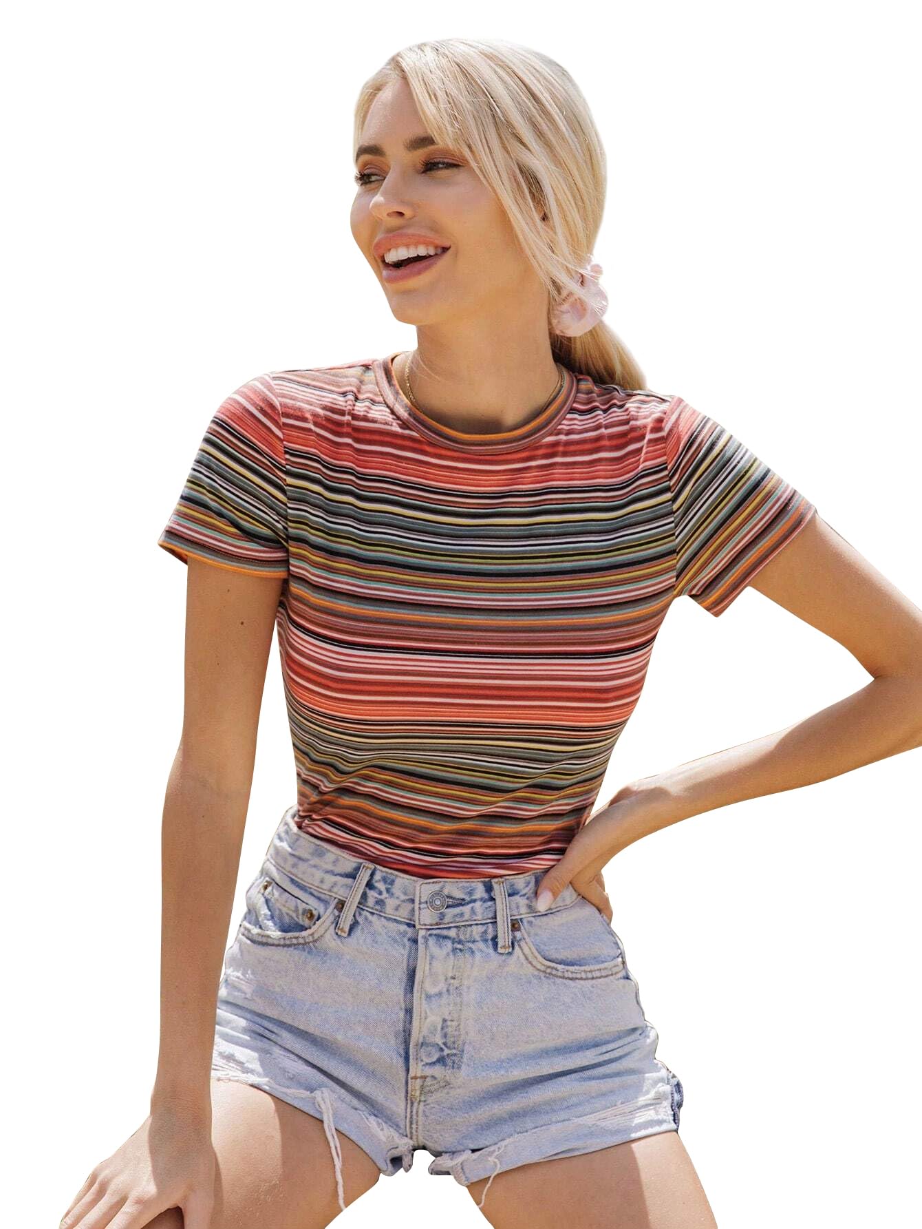 Toochki Tops for Woman | Spandex Top | T-Shirt | Tshirt | Western | for Jeans | Short Sleeve | Stretchable | Strip Printed