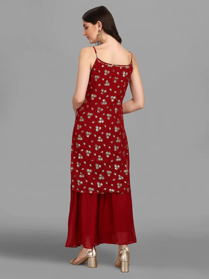Gufrina WomenS Georgette Kurta & Solid Sarara With Round Neck Sleeveless Floral Printed Calf Length A-Line And Regular Fit