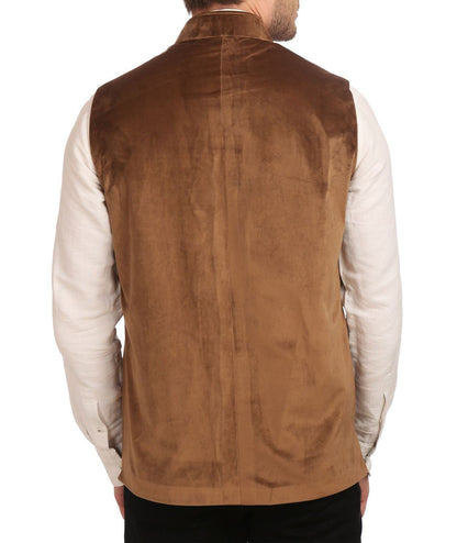 WINTAGE Mens Velvet Grandad Collar Party Camel Nehru Vest Waistcoat