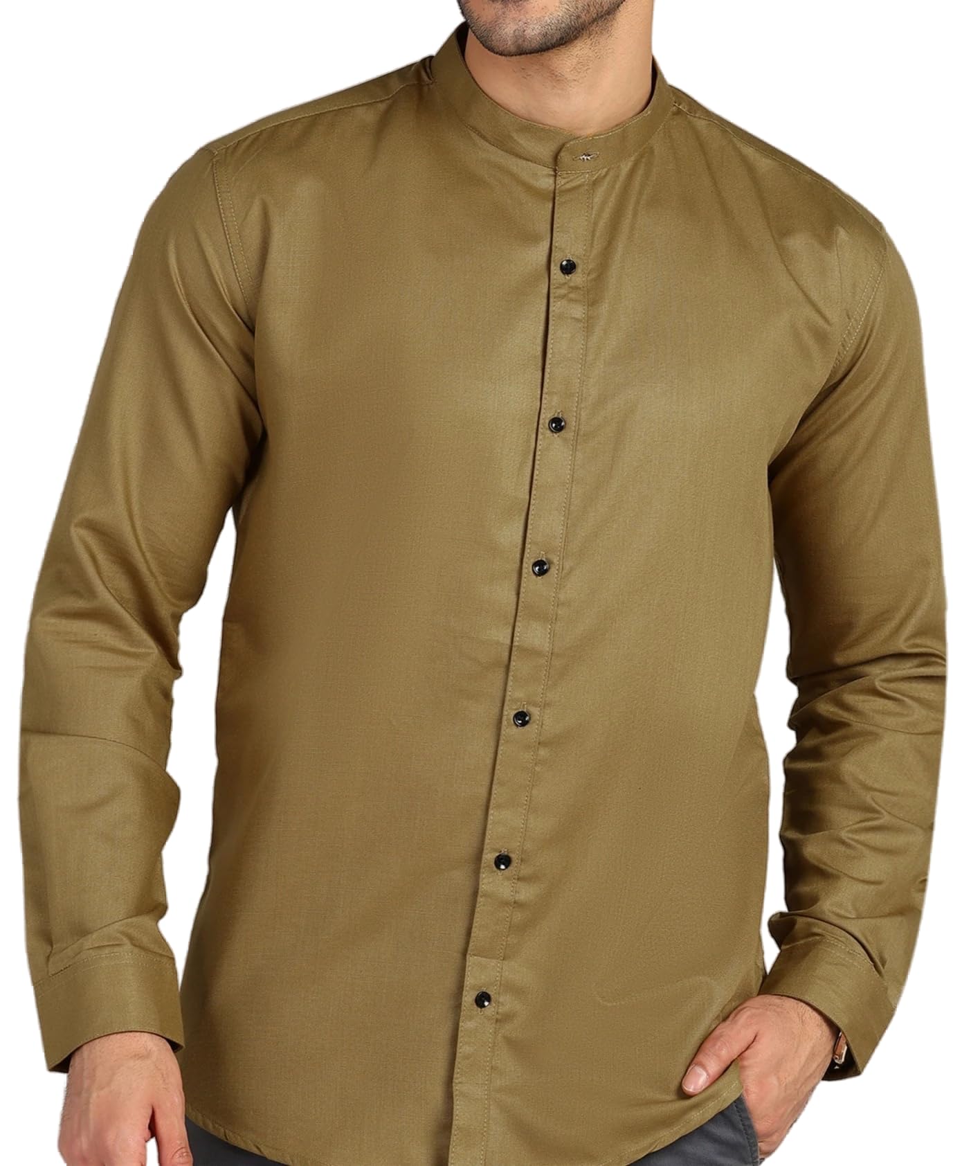 Mildin MenS Regular Cotton Blend Brown Slim Fit Solid Button Down Mandarin Chinese Collar Full Sleeve Curved Hemline Casual Shi