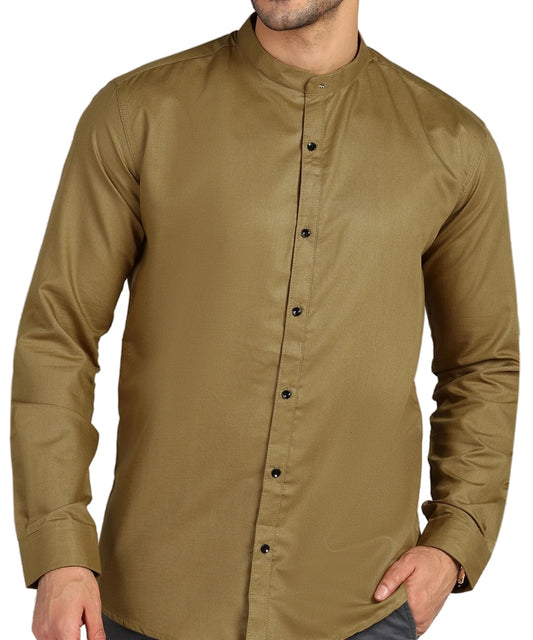 Mildin MenS Regular Cotton Blend Brown Slim Fit Solid Button Down Mandarin Chinese Collar Full Sleeve Curved Hemline Casual Shi