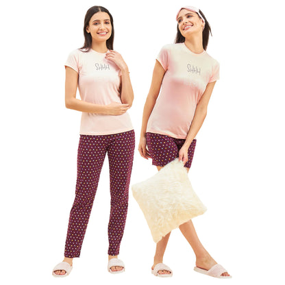 Sweet Dreams Women Printed 3 Piece Set Light Peach