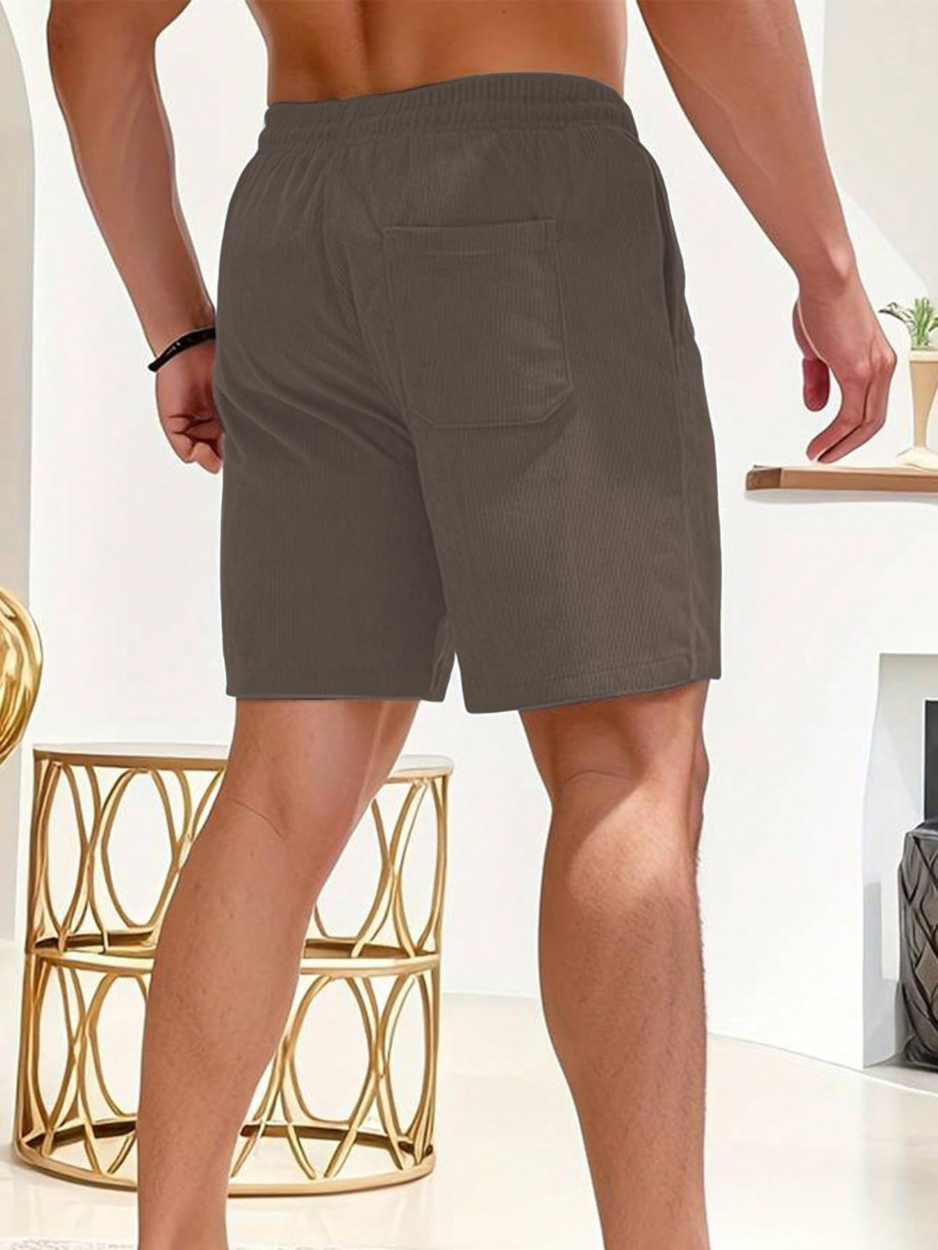 AVANOVA Mens Brown Solid Color Loose Fit Drawstring Short with Pockets, Casual Patch Pocket Waist Letter Print Shorts (Shotrs 1