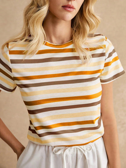 Toochki Tops for Woman | Spandex Top | T-Shirt | Tshirt | Western | for Jeans | Short Sleeve | Stretchable | Striped Printed Ora