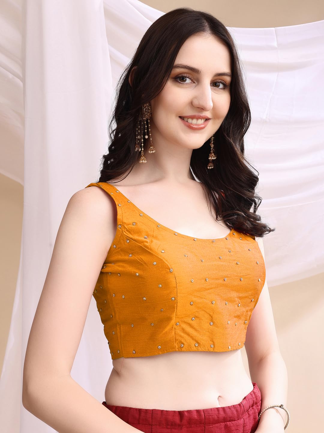 Pujia Mills Womens Square Neck Silk Sleeveless with Stone Work Readymade Blouse