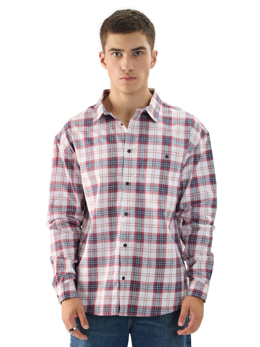 The Souled Store Plaid: Red/White Long Sleeve Collared Neck Button Down Cotton Relaxed Fit Shirts for Men and Boys - Classic and