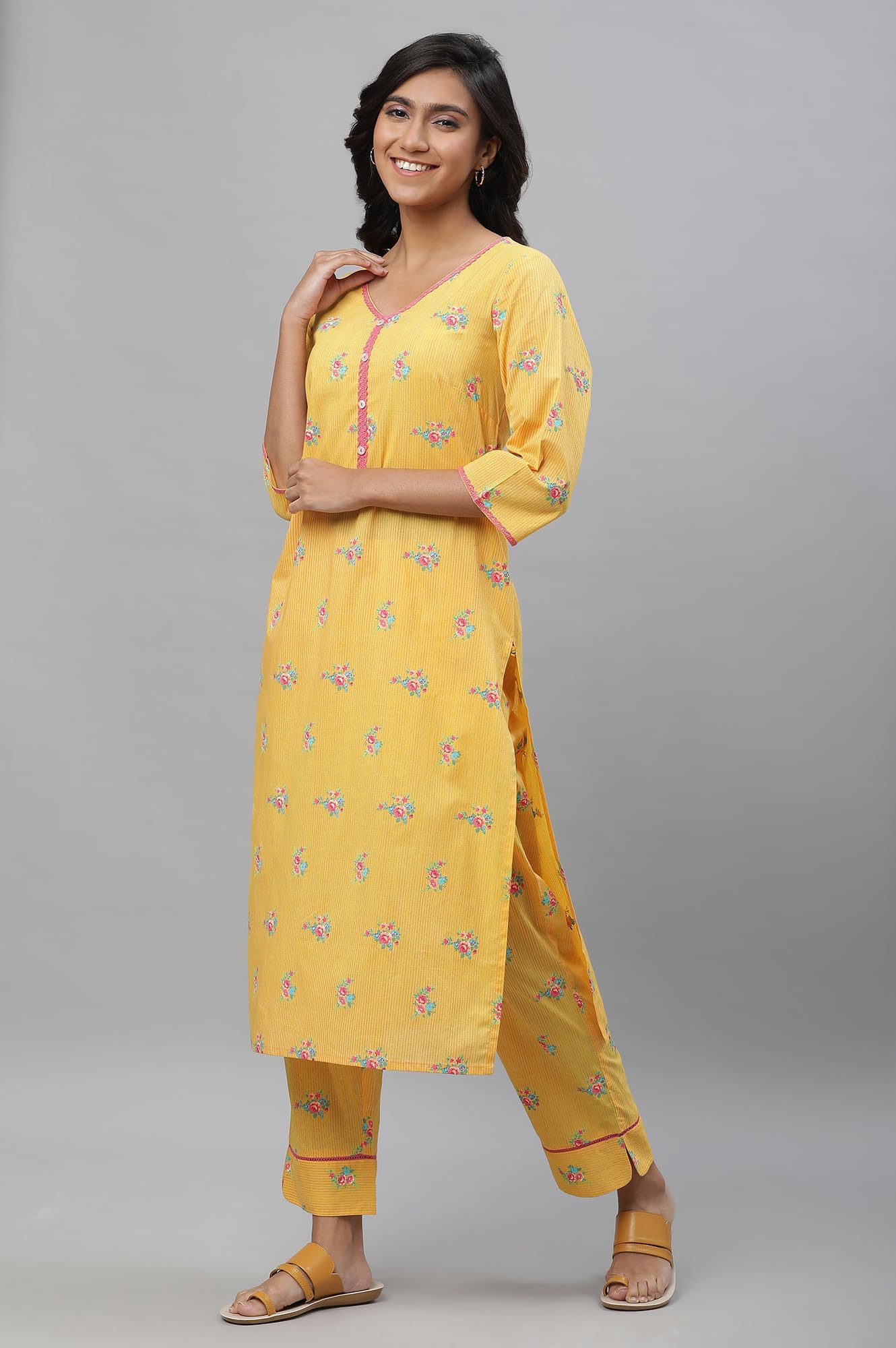 Aurelia Yellow Floral Printed Printed Lace Cotton Straight Long Kurta