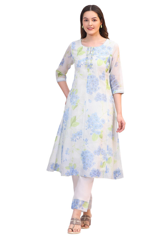 W for Woman Light Blue Floral Printed Gathered Sleeveless Chiffon Kurta with Pants and Dupatta Set
