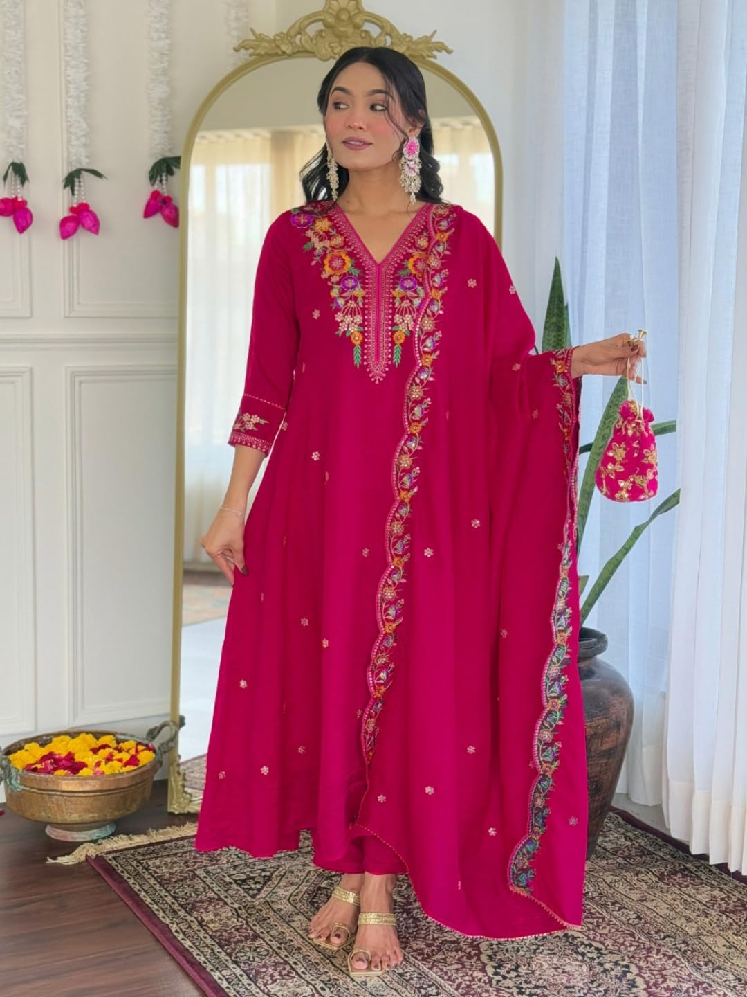 Naixa WomenS Rani Vichitra Silk Embroidered Straight Kurta With Rayon Pant And Vichitra Silk Embroidered Laced Dupatta Sets (Nx