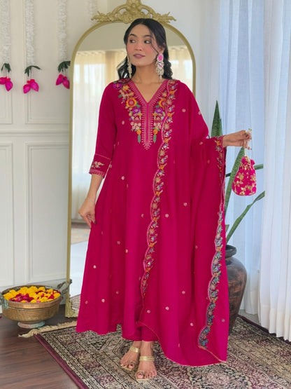 Naixa WomenS Rani Vichitra Silk Embroidered Straight Kurta With Rayon Pant And Vichitra Silk Embroidered Laced Dupatta Sets (Nx